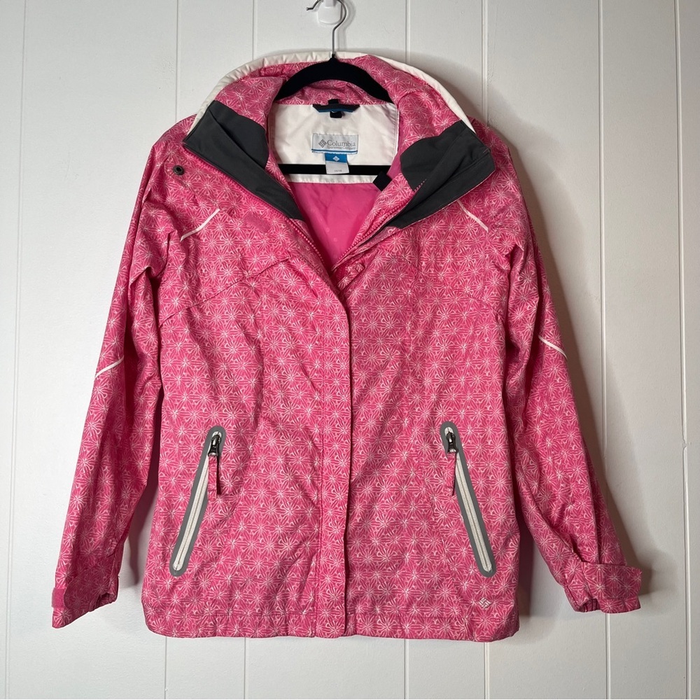 Columbia Bugaboo Pink and White Hooded Jacket Girls 14/16 Lightweight Waterproof